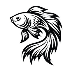 Black and White Silhouette of Graceful Ornamental Fish with Flowing Fin Details
