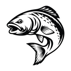 Black and White Jumping Fish Illustration, Abstract Silhouette of Leaping Aquatic Animal