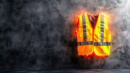 Fototapeta premium Construction vest with glowing reflective lines against dark industrial backdrop