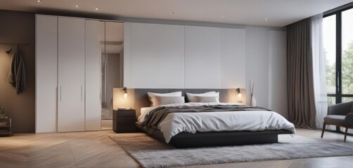 Spacious modern bedroom with walk-in closet, sleek furnishings, wardrobe, stylish