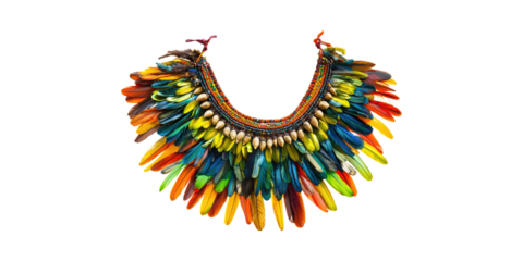 Colorful Feather Necklace With Beads And Shells. Traditional Tribal Jewelry Isolated On Transparent Background