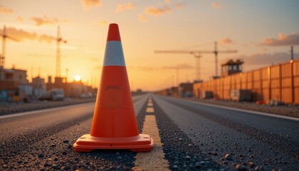 An eye-level view showcases a vibrant orange traffic cone situated on a textured road surface,