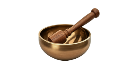 Tibetan Singing Bowl With Wooden Mallet. Meditation And Sound Healing Tool Isolated On Transparent Background