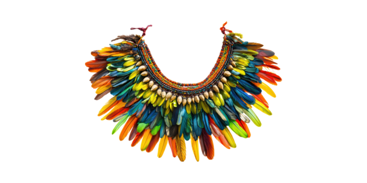 Colorful Feather Necklace With Beads And Shells. Traditional Tribal Jewelry Isolated On Transparent Background