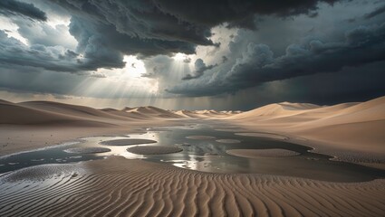 Naklejka premium Dramatic Desert Landscape with Storm Clouds and Water Reflections