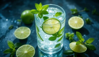 Refreshing citrus beverage glistens with ice and mint, embodying the essence of a cool,