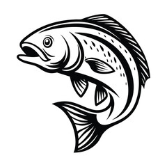 Leaping Salmon Silhouette Elegant Fish Design, Black and White Illustration, Detailed Fins