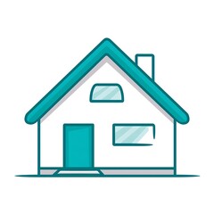 A simple, cartoon illustration of a house with a teal roof, door, and windows
