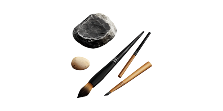 Traditional Calligraphy Tools With Ink Stone And Brushes. Art Of Chinese Calligraphy Essentials Isolated On Transparent Background.