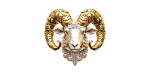 Golden Ram Head With Ornate Horns. Symbol Of Strength And Determination Isolated On Transparent Background