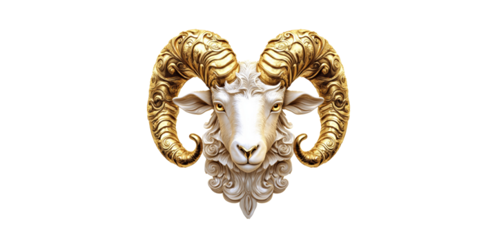 Golden Ram Head With Ornate Horns. Symbol Of Strength And Determination Isolated On Transparent Background