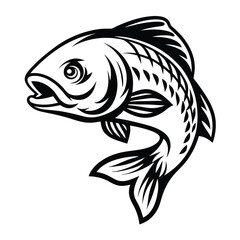 Black and White of Fish Leaping, Isolated Outline Silhouette