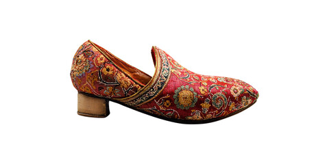 Obraz premium Ornate Red Embroidered Shoe With Floral Patterns. Traditional Fashion And Craftsmanship Isolated On Transparent Background