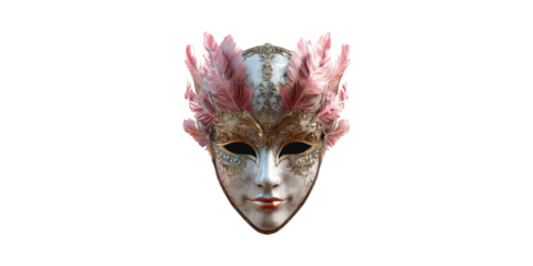 Elegant Venetian Mask With Pink Feathers And Ornate Gold Detailing. Symbol Of Mystery And Festivity Isolated On Transparent Background