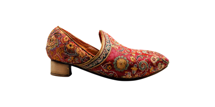Ornate Red Embroidered Shoe With Floral Patterns. Traditional Fashion And Craftsmanship Isolated On Transparent Background