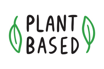 Fototapeta premium Plant based doodle hand made text, plant based lettering with leaves. Vegan and vegetarian food concept.