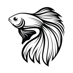 Monochrome Betta Fish Illustration, Elegant Flowing Fins, Aquatic Animal Design, Black Outline