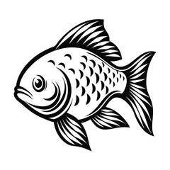 Stylized Black and White Fish Icon, Detailed Fins and Scales, Aquatic Creature Art