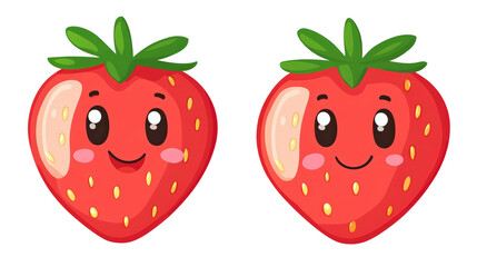 Obraz premium Cute and colorful cartoon strawberries with happy faces and green leaves, perfect for children's designs, invitations, or fruit-themed illustrations.