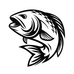 Leaping Fish Silhouette, Detailed Monochrome Design of Aquatic Animal Jumping Upward
