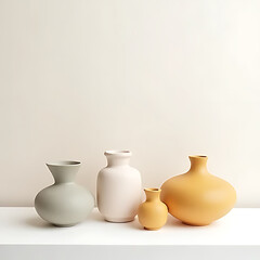 Minimalist ceramic vases and bowls arranged elegantly on a bright surface, soft lighting, vibrant yet natural tones