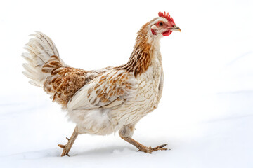Fototapeta premium Brown and White Chicken Walking on Snow in Winter Landscape