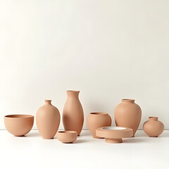 Minimalist ceramic vases and bowls arranged elegantly on a bright surface, soft lighting, vibrant yet natural tones