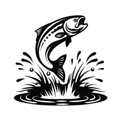 Silhouette of Fish Jumping Out of Water, Black and White Illustration, Splashes, Waves