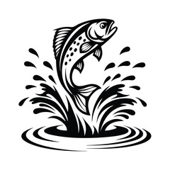 Leaping Fish with Splash, Black and White Elegant Silhouette, Isolated on White Background