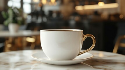 Fototapeta premium White Coffee Cup with Gold Trim on Marble Table