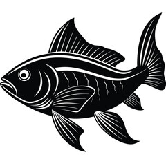 Isolated Black Silhouette of Fancy Goldfish with Decorative Fins on White Background