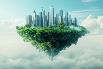 Fototapeta premium Futuristic cityscape on a green island floats above the clouds. Ideal for eco-friendly themes, sustainable development, and urban planning.