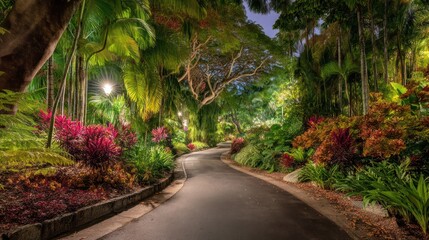 Nighttime garden path winding through lush tropical foliage
