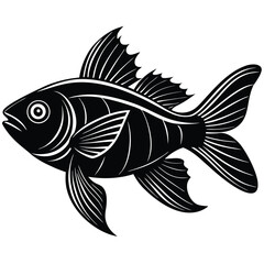 Fish Silhouette Swimming With Detailed Fins And Tail, Black And White Line Art Style