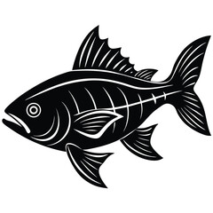 Stylish Black and White Silhouette of a Fish with Visible Bone Structure, Isolated