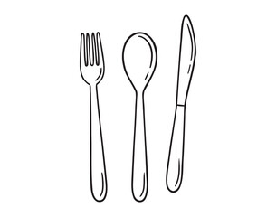 spoon, fork and knife icon doodle hand drawn. Outline drawing spoon, fork and knife line clipart symbol