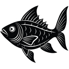 Silhouette of a Black and White Fish on a White Background, Scales Detail