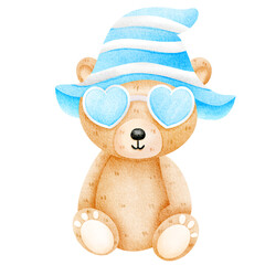 a cute teddy bear wearing a blue hat and sunglasses