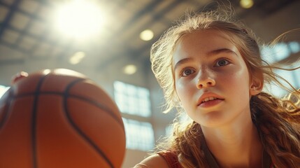 Girl concentrating on basketball