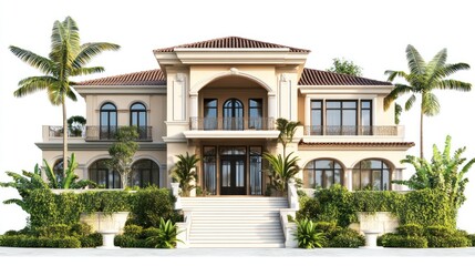 Fototapeta premium Luxurious Mediterranean-style mansion with tropical landscaping