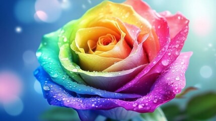 Rainbow Rose with Dewdrops Close Up