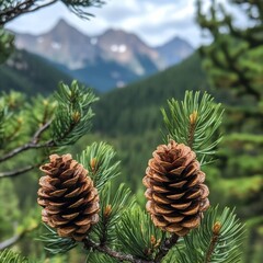 Pine cones prominently displayed with a distant mountain range in a lush green forest setting during daytime
