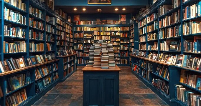 Dark teal book filled library interior