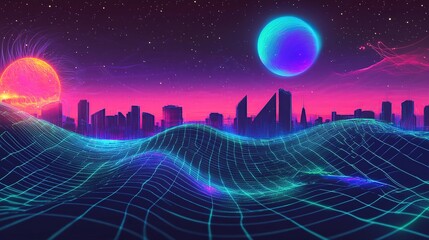 Futuristic cityscape with vibrant colors and digital grid