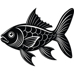 Stylized Black and White Fish Isolated on White Background, Silhouette Style