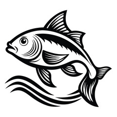 Black & White Fish with Waves, Simple Design, Aquatic Animal Silhouette