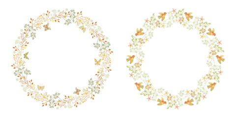 Flower wreaths in boho style decorated with butterflies and birds. Handmade in soft pastel colors. Perfect for decorating weddings, postcards and invitations.