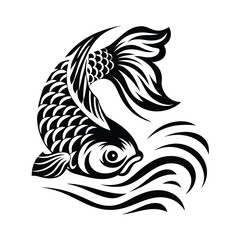 Black and White Koi Fish with Water, Asian Art, Fish, Tattoo Style