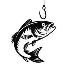 Black Silhouette of Leaping Fish Caught on Hook | Fishing Themed, Isolated
