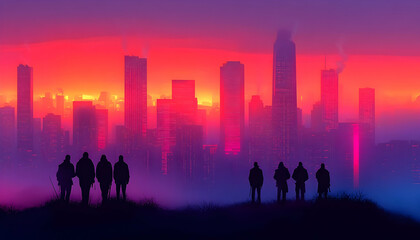 Cityscape sunrise silhouette figures